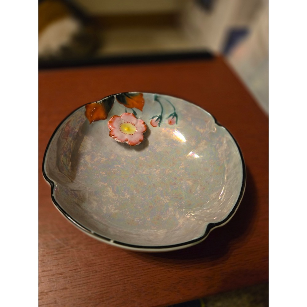 Vintage Trico China Nagoya Japan Lusterware Scalloped Dish 3D Raised Pink Flower